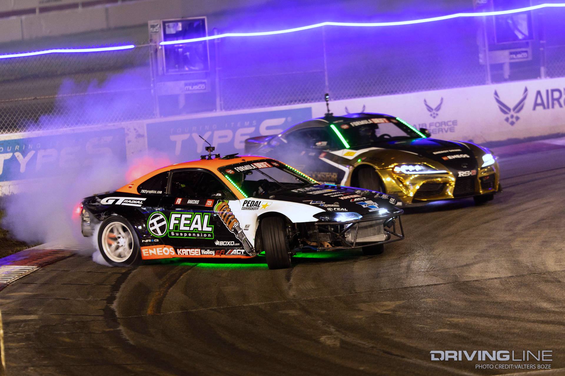 Odi Bakchis tandem drifting against Fredric Aasbo at 2023 Formula Drift St Louis