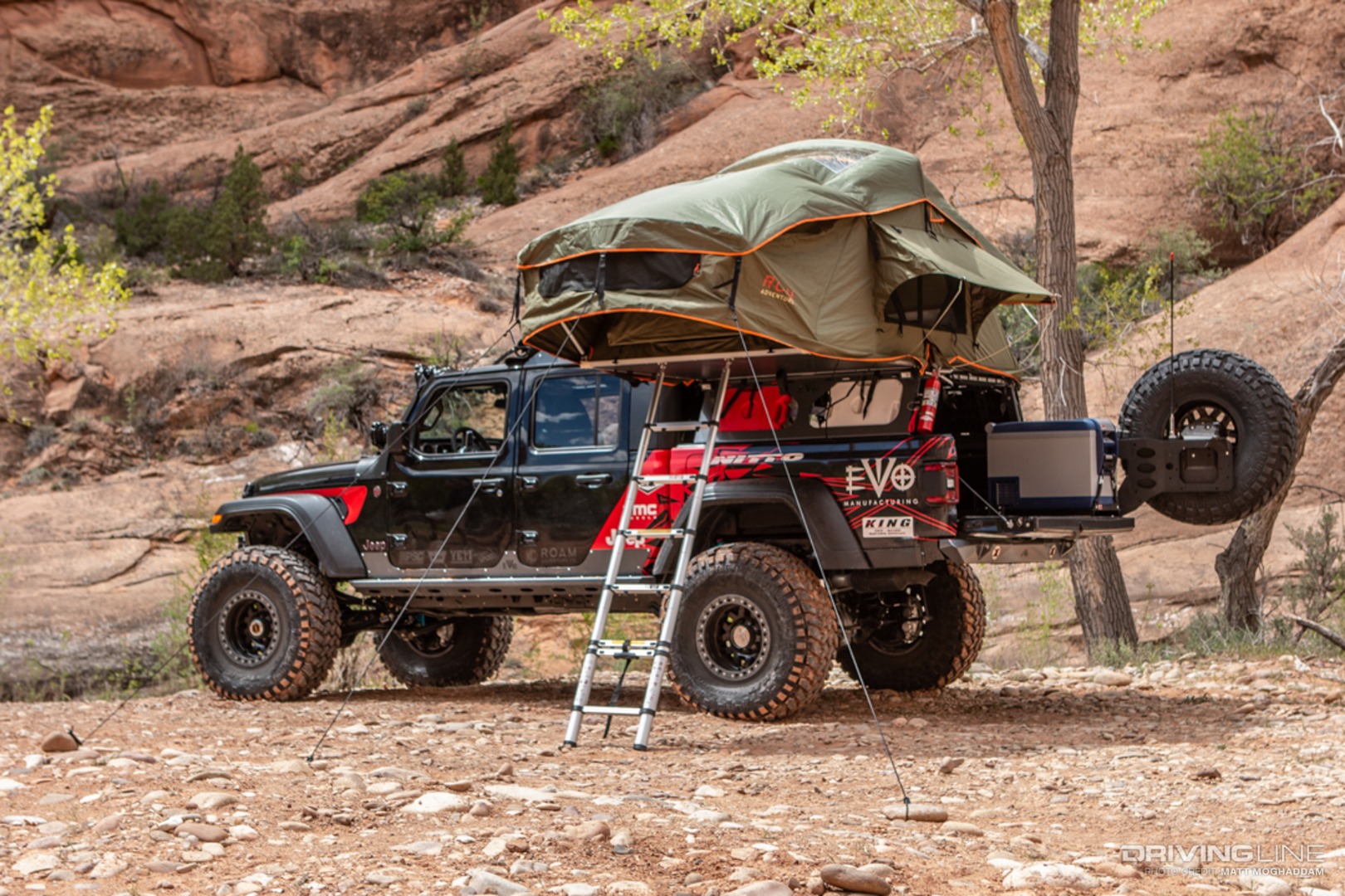 Overlanding Jeep Gladiator with roof tent on Nitto Trail Grappler tires
