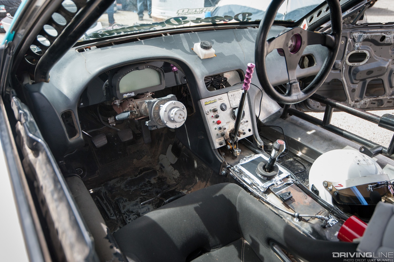 Top Drift round 1 SoCal pro-am drifting Shaun Doom white S13 Nissan 240SX fastback interior steering wheel dashboard