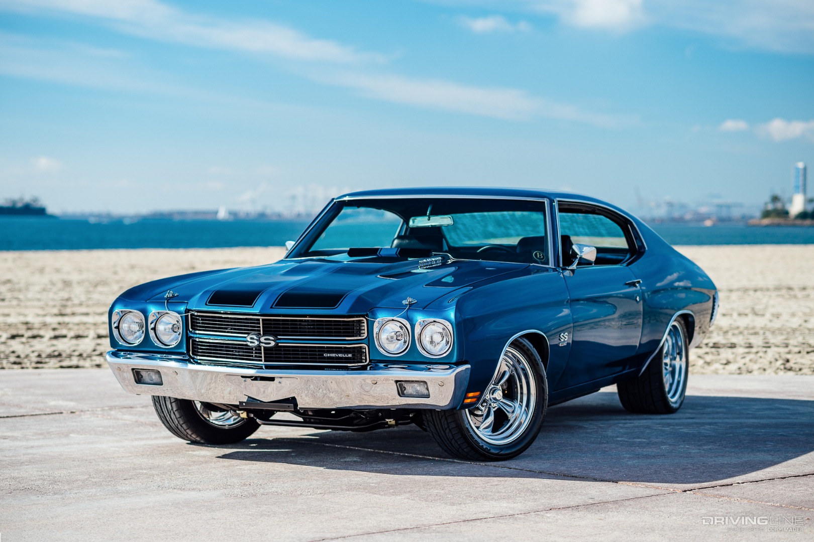 1970 Chevy Chevelle SS with Nitto NT555G2 and NT555R tires at a front 3/4 view on the beach in California