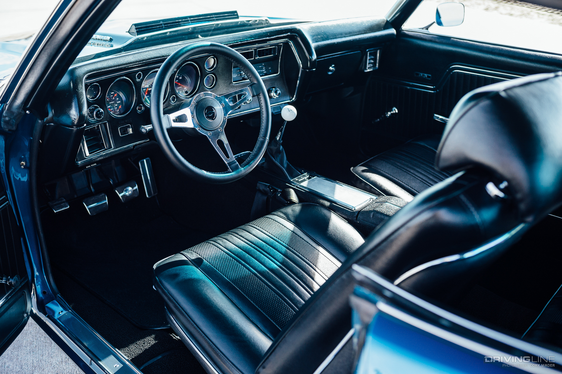 Overview shot of 1970 Chevy Chevelle SS interior in black leather