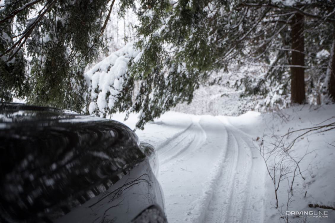 The front of a car looking out over a snowy trail