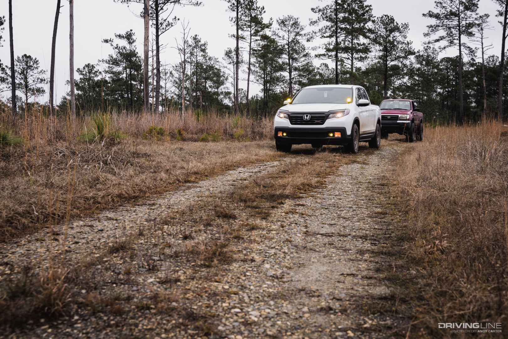 Ridgeline on Nomad Grapplers on dirt road with Toyota Tacoma