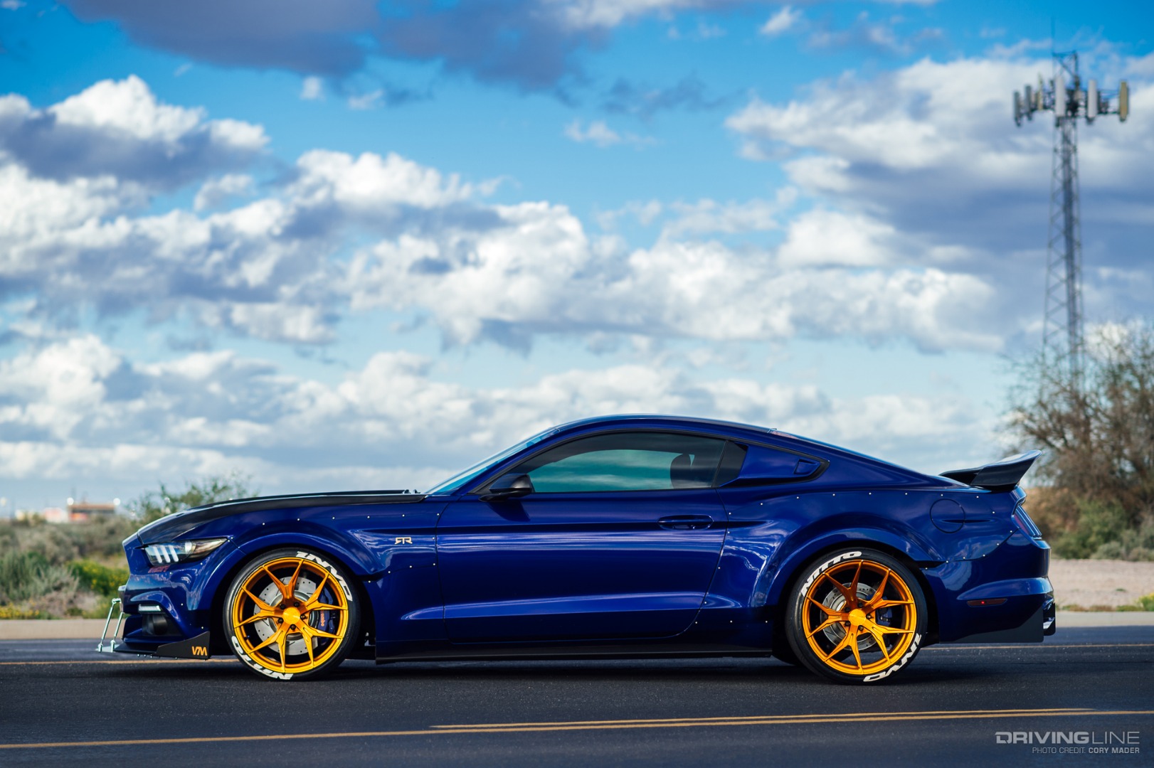Lowered Ford Mustang on Nittos blue side profile