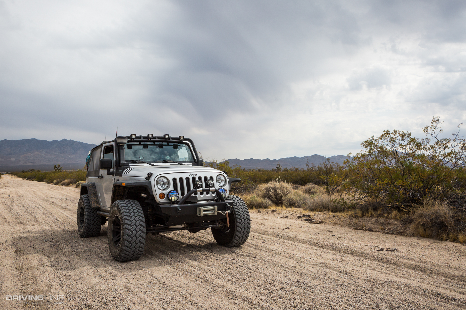 Jeep Wrangler driving over loose sand on Aiken Mine Trail