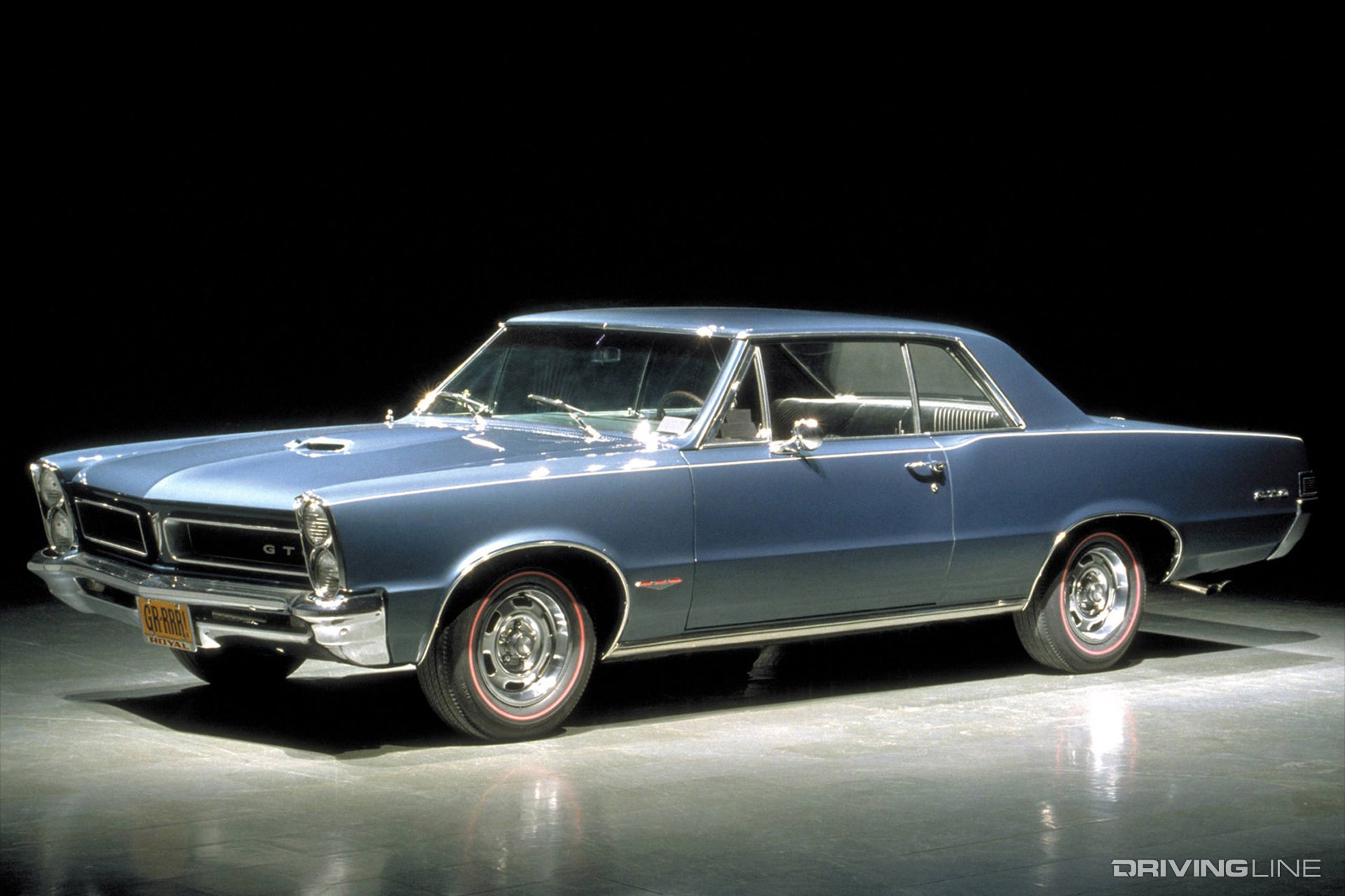 Blue Pontiac GTO in a showroom