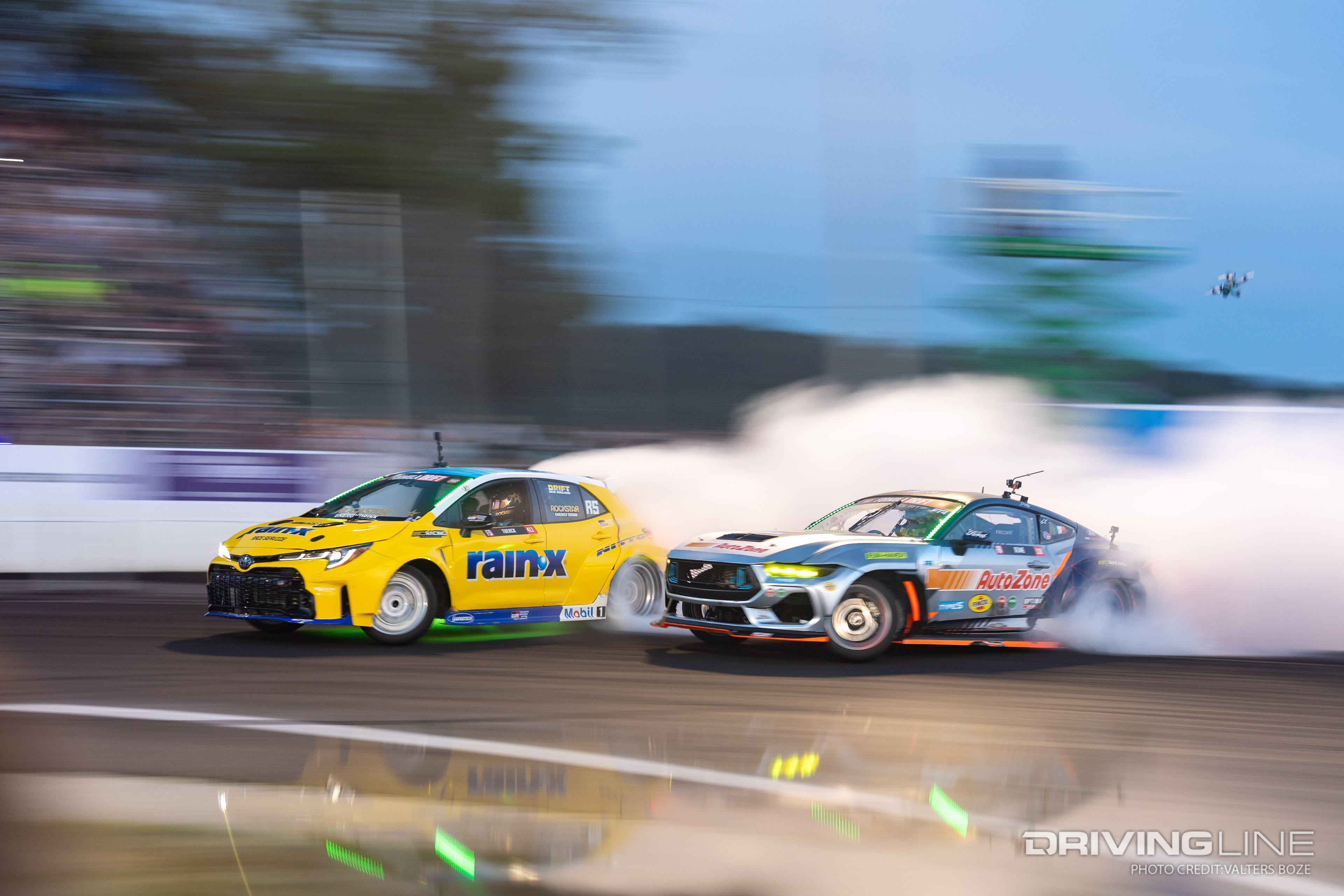 Ryan Tuerck tandem Drifting against James Deane at 2023 Formula Drift New Jersey Englishtown Raceway