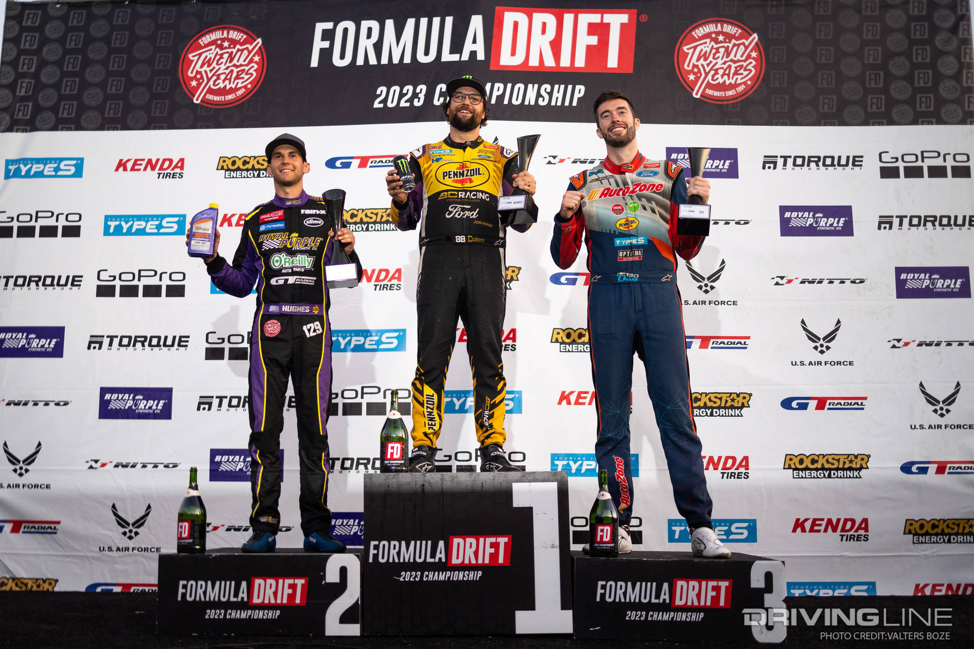2023 Formula Drift Seattle top 3 results: 1. Chelsea DeNofa, 2. Dylan Hughes, 3. James Deane