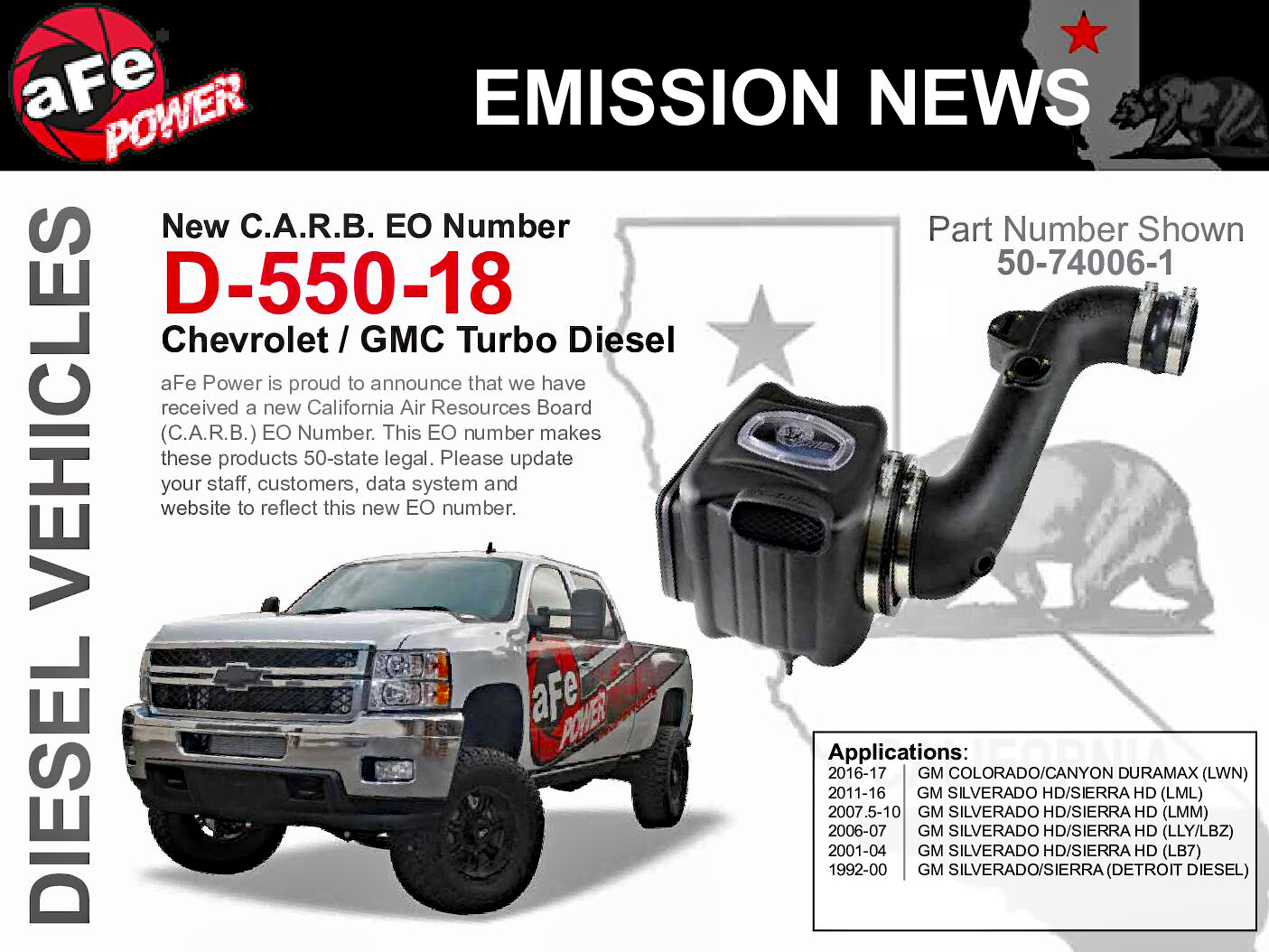 AFE Emission News Duramax Cold Air Intake 50-state legal ad