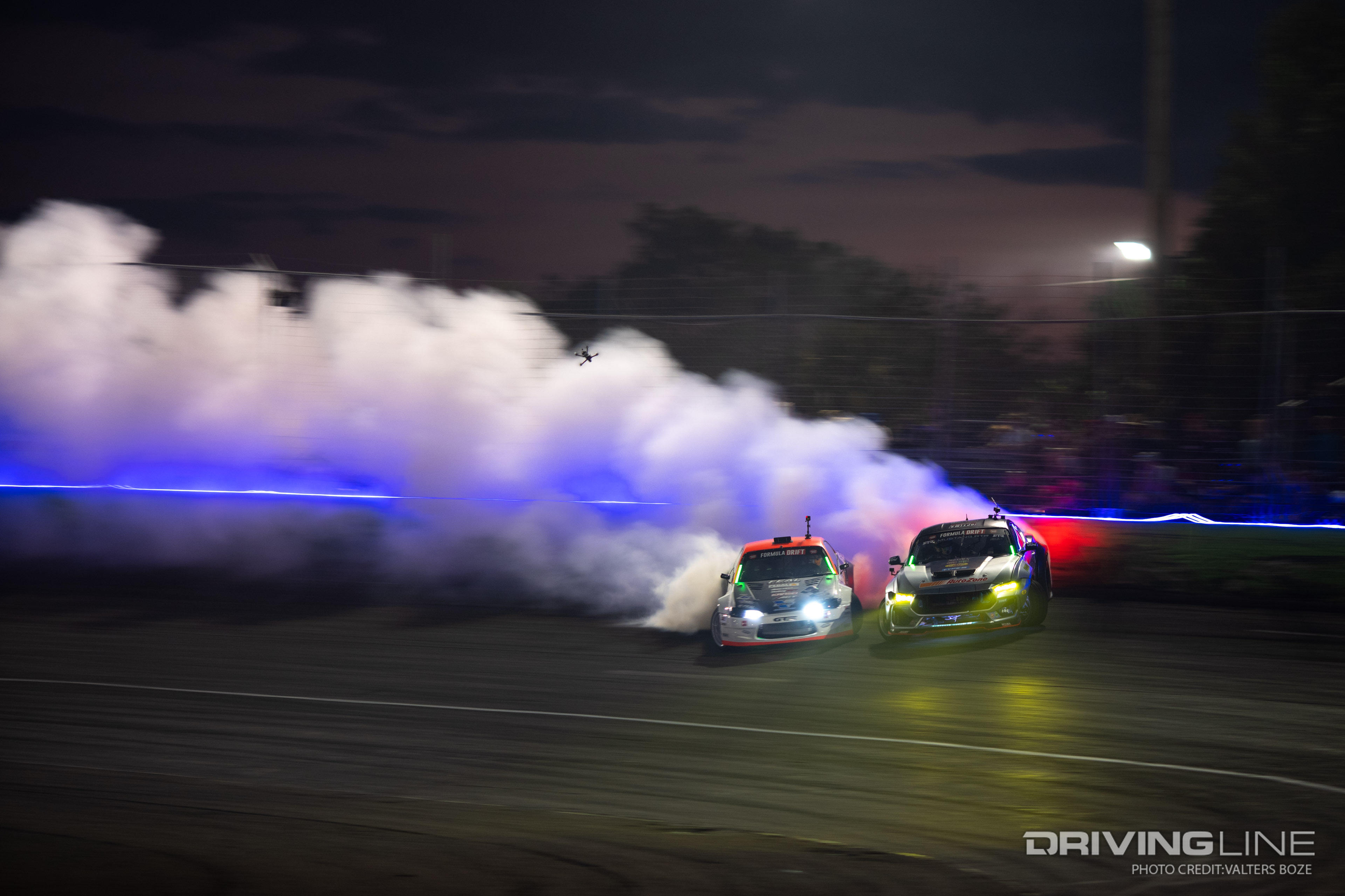 Odi Bakchis tandem drifting against James Deane at 2023 Formula Drift Orlando