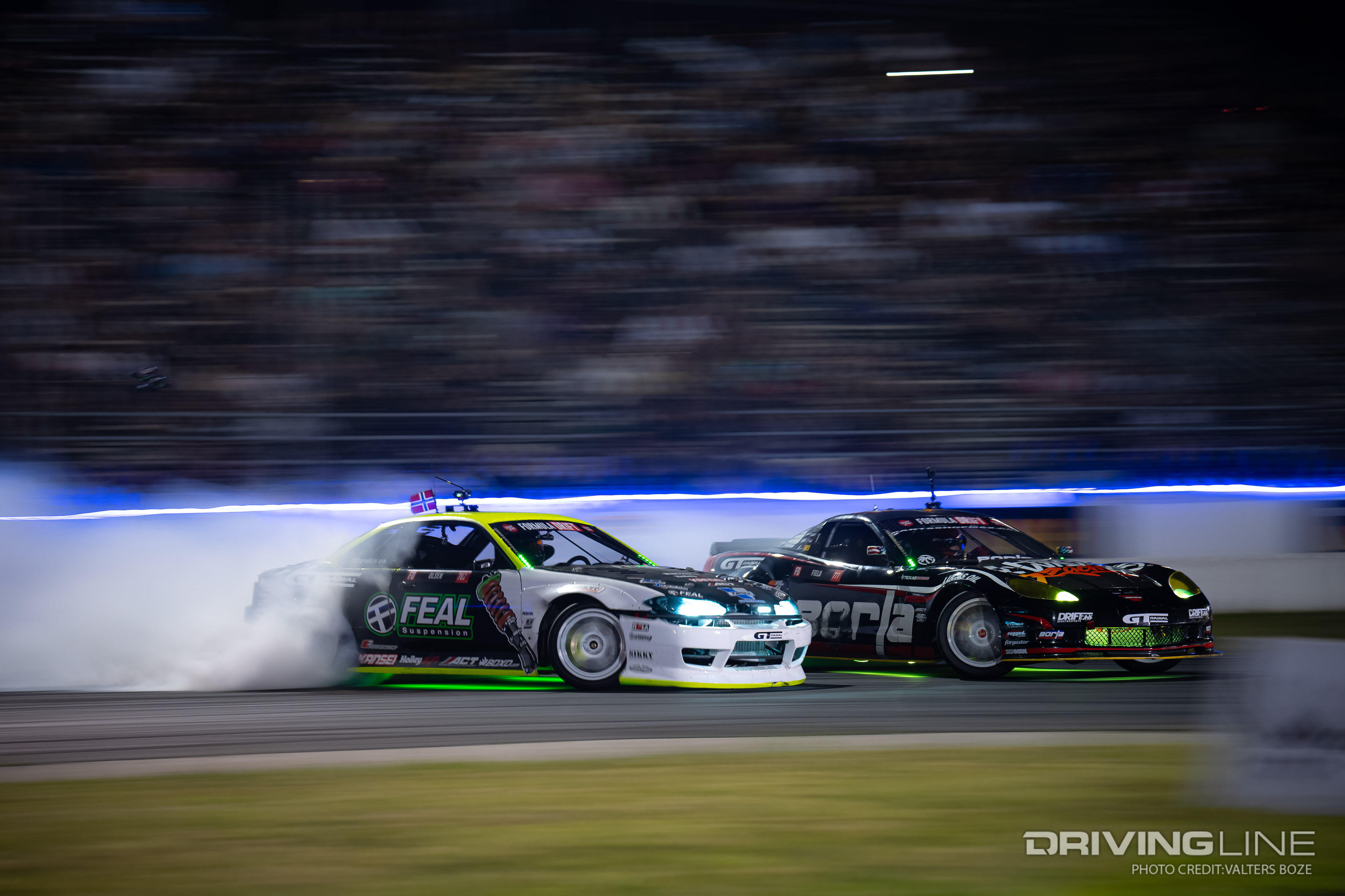 Sorenson tandem drifting against Matt Field at 2023 Formula Drift New Jersey Englishtown Raceway