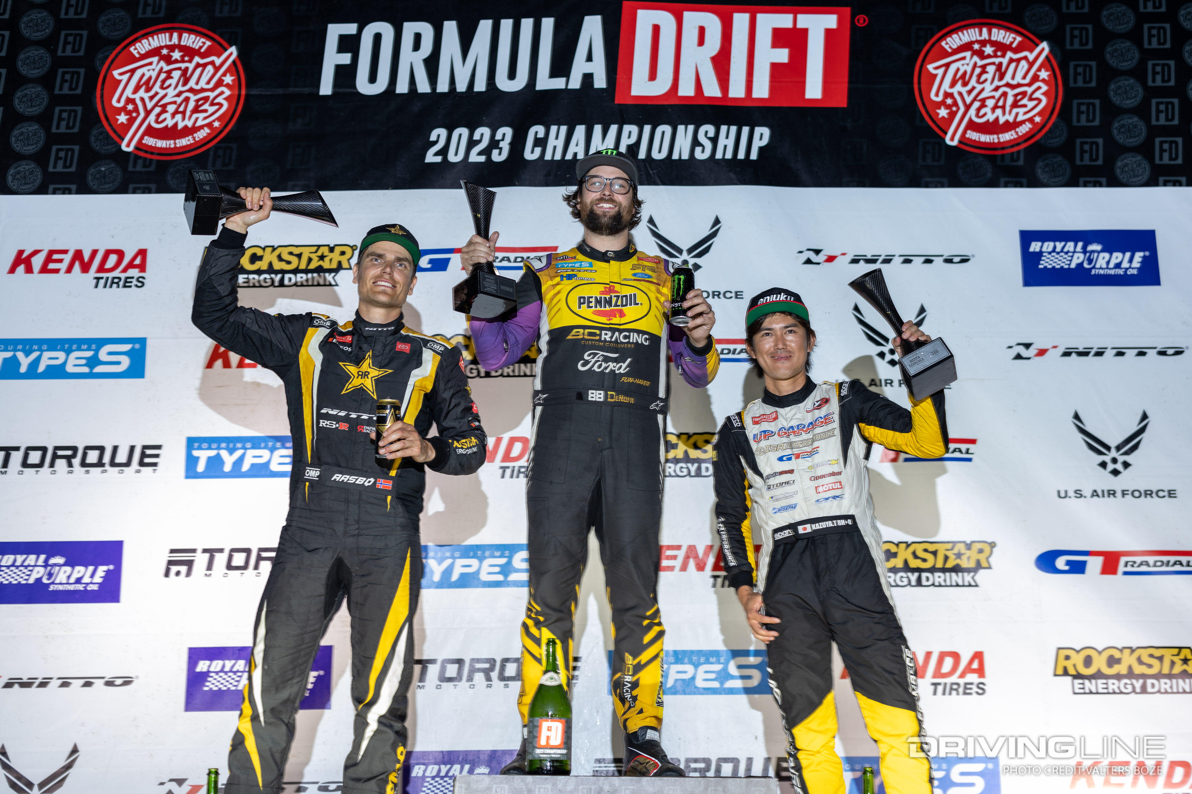 Podium at 2023 Formula Drift Orlando: 1. Chelsea DeNofa, 2. Fredric Aasbo, 3. Kazuya Taguchi
