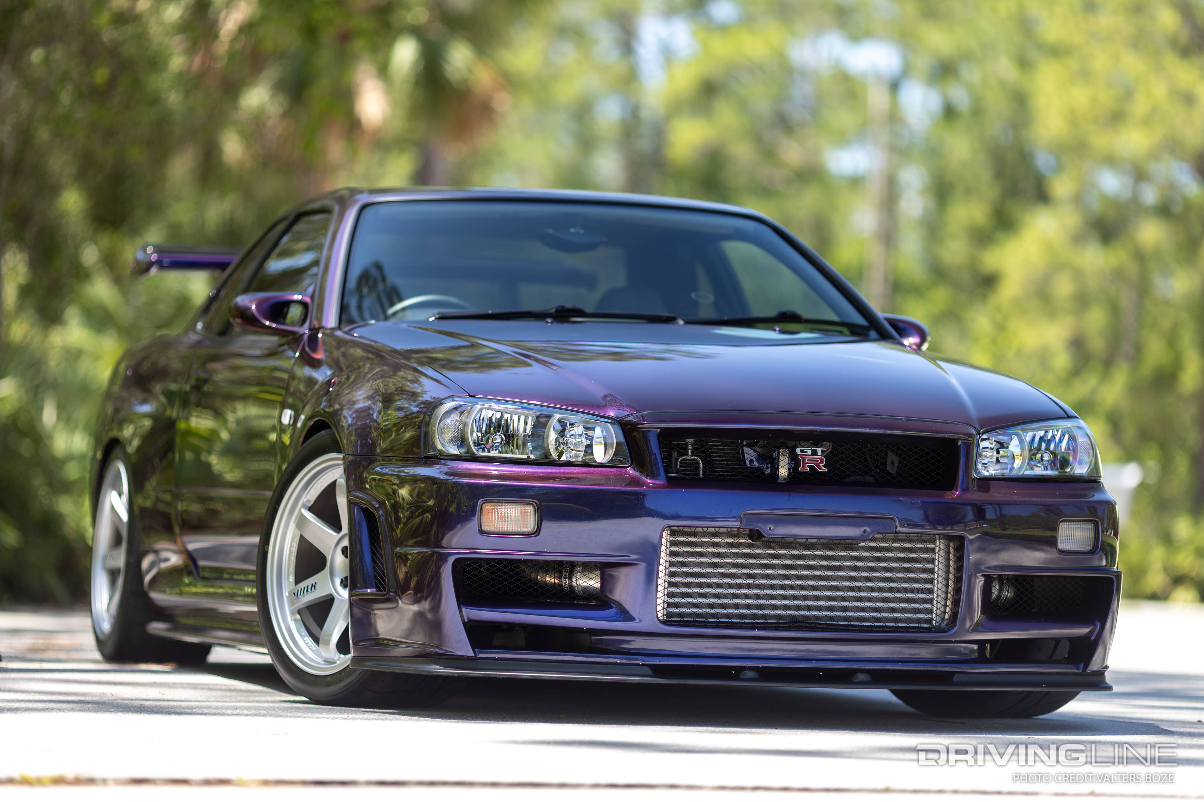 The Nissan R34 Skyline has a very distinctive front profile. The headlights, large intercooler opening, and bumper design are quite distinctive.