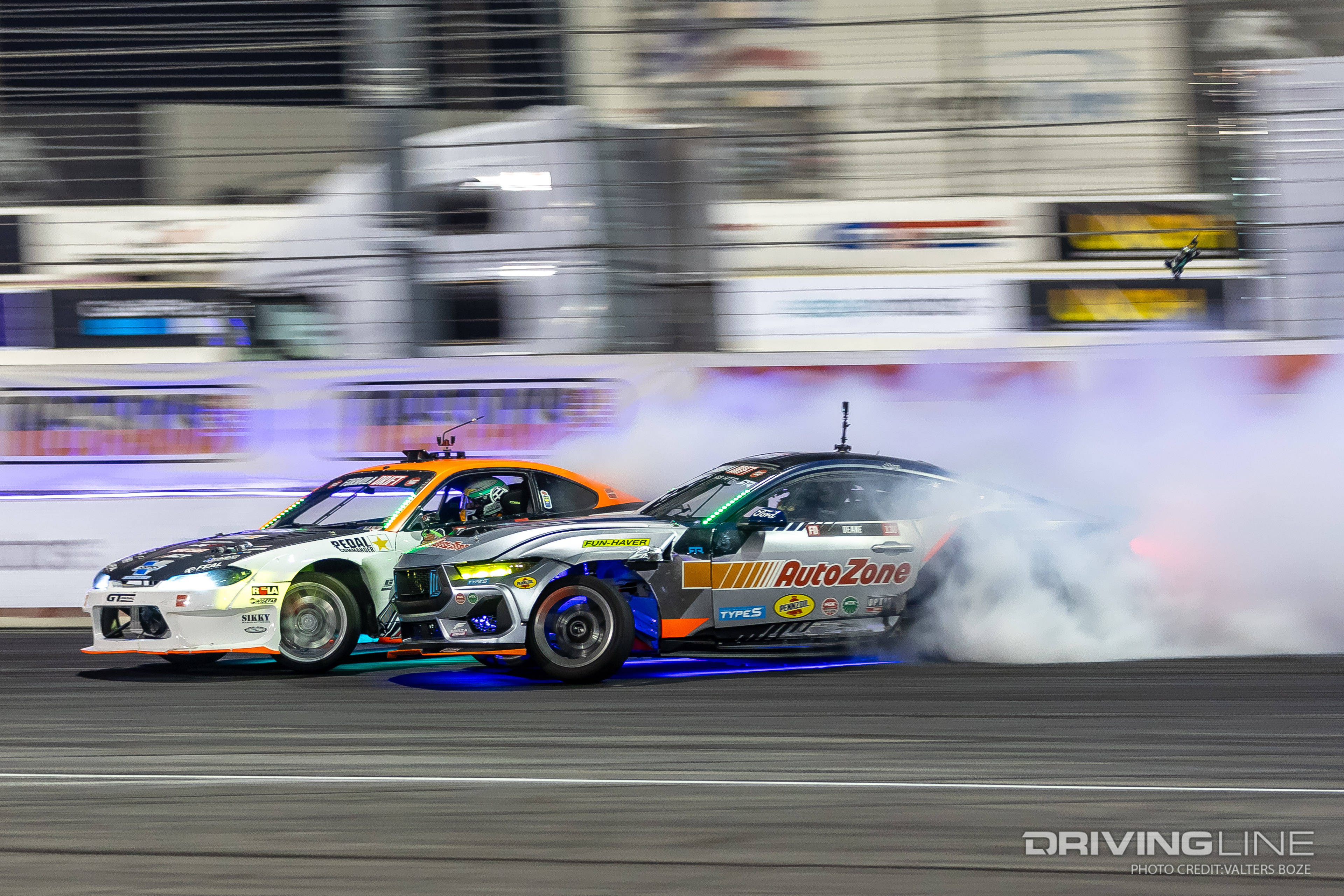 James Deane tandem drifting against Odi Bakchis at 2023 Formula Drift Irwindale
