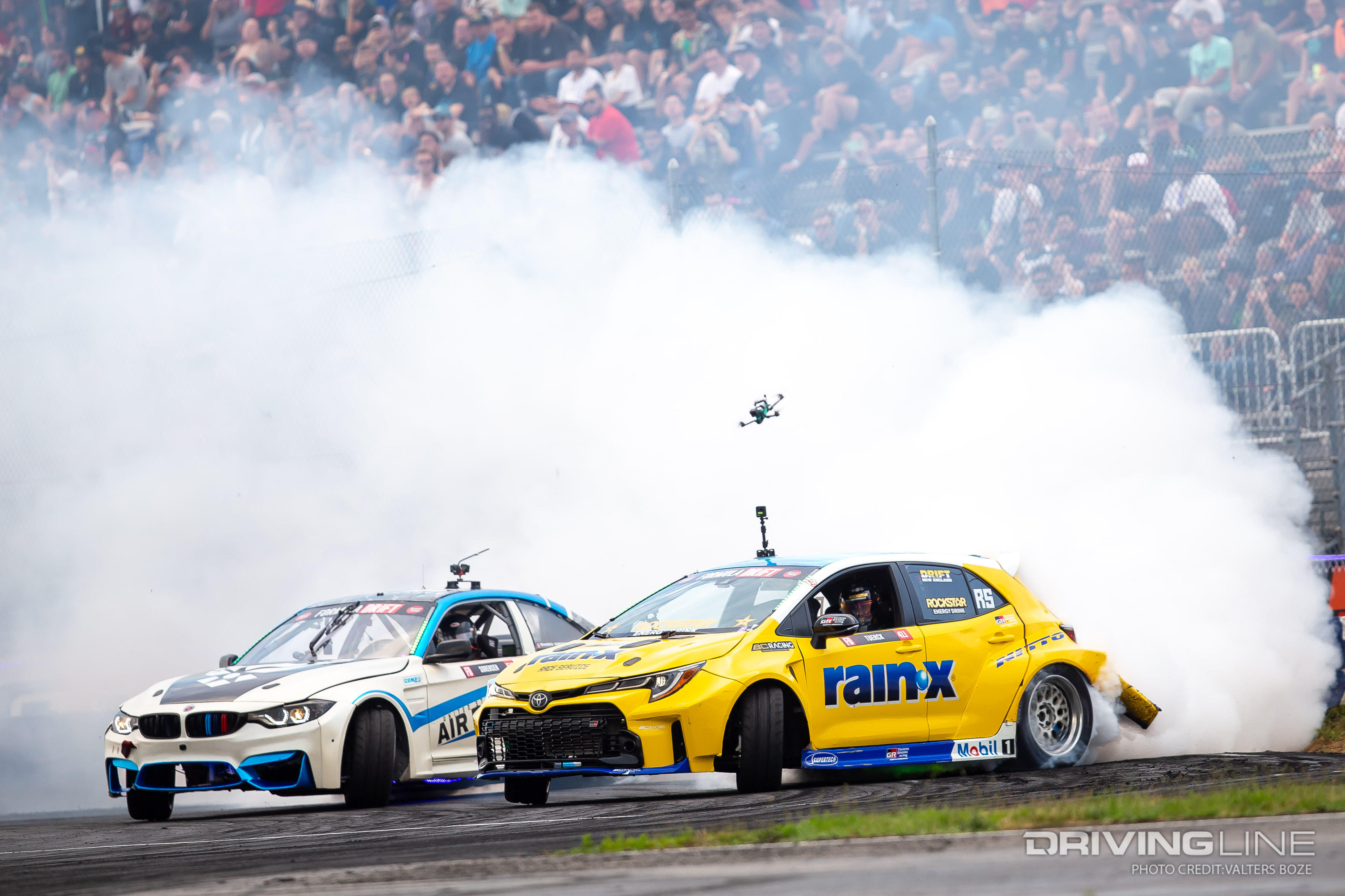 Brandon Sorenson tandem drifting against Ryan Tuerck at 2023 Formula Drift New Jersey Englishtown Raceway