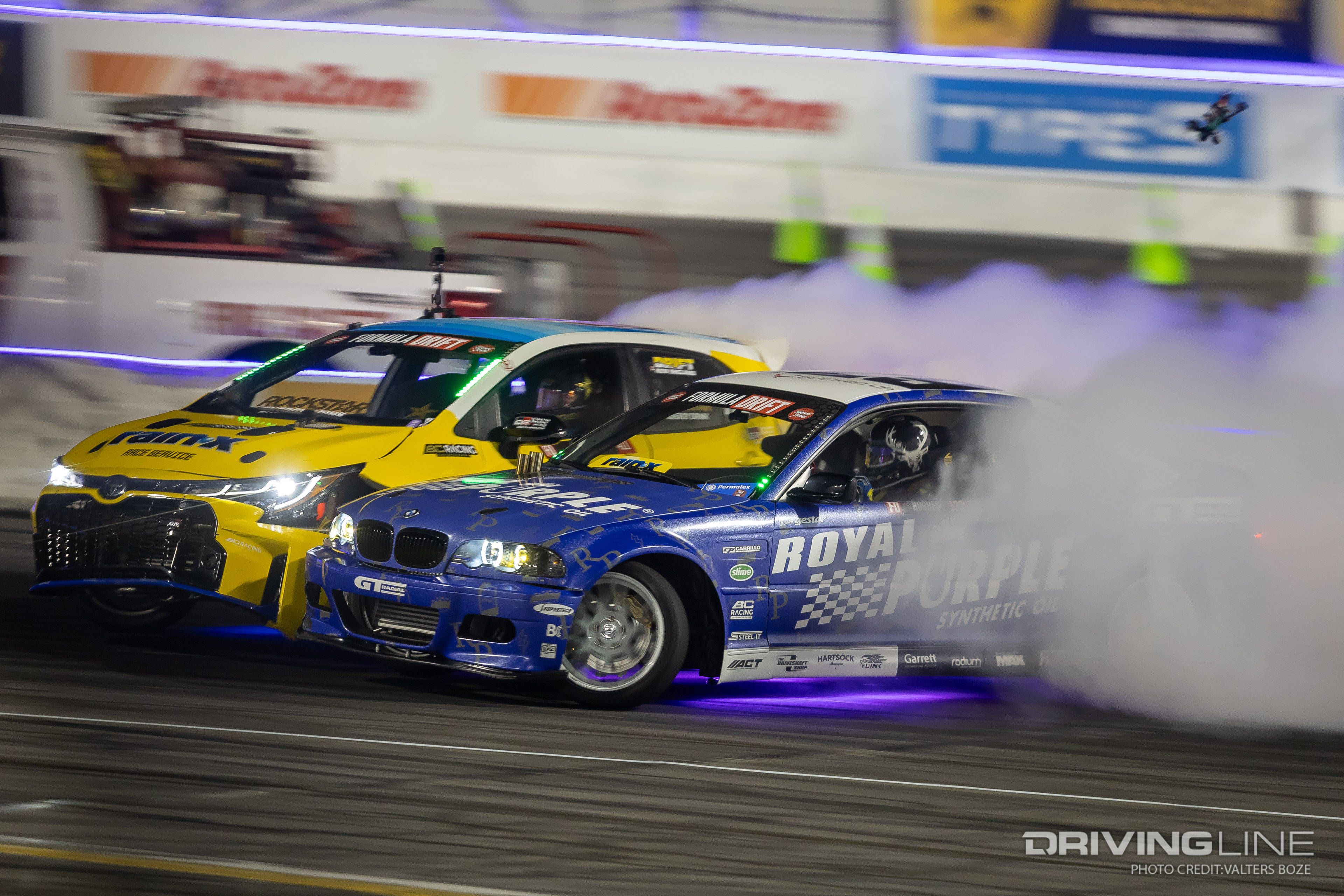 Dylan Hughes tandem drifting against Ryan Tuerck at 2023 Formula Drift Irwindale